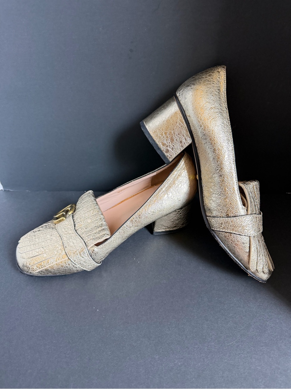 Gucci Metallic Gold Tassel Loafers with Block Heel